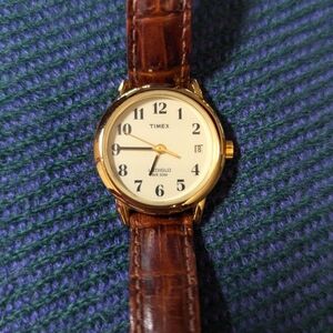 Timex Indiglo Goldtone Bezel Brown Leather Band
